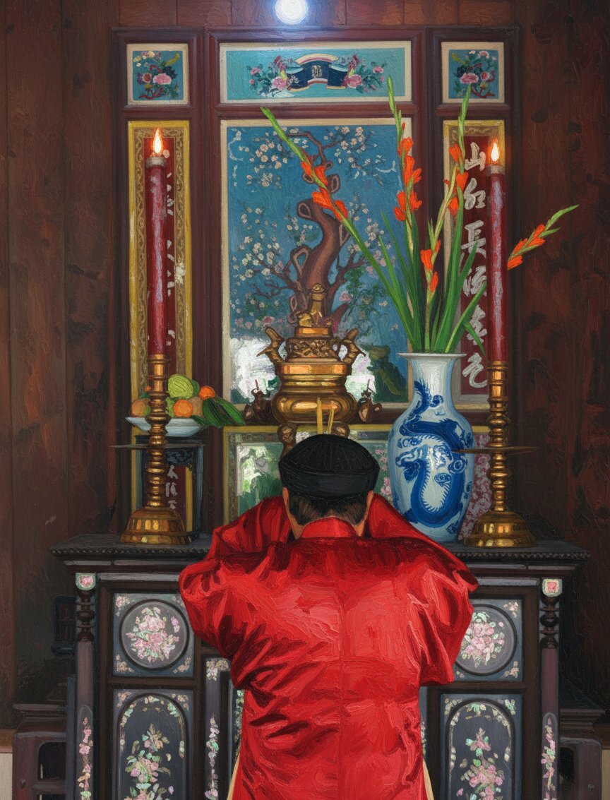 Handmade oil painting of traditional Vietnamese ancestral altar with incense and offerings