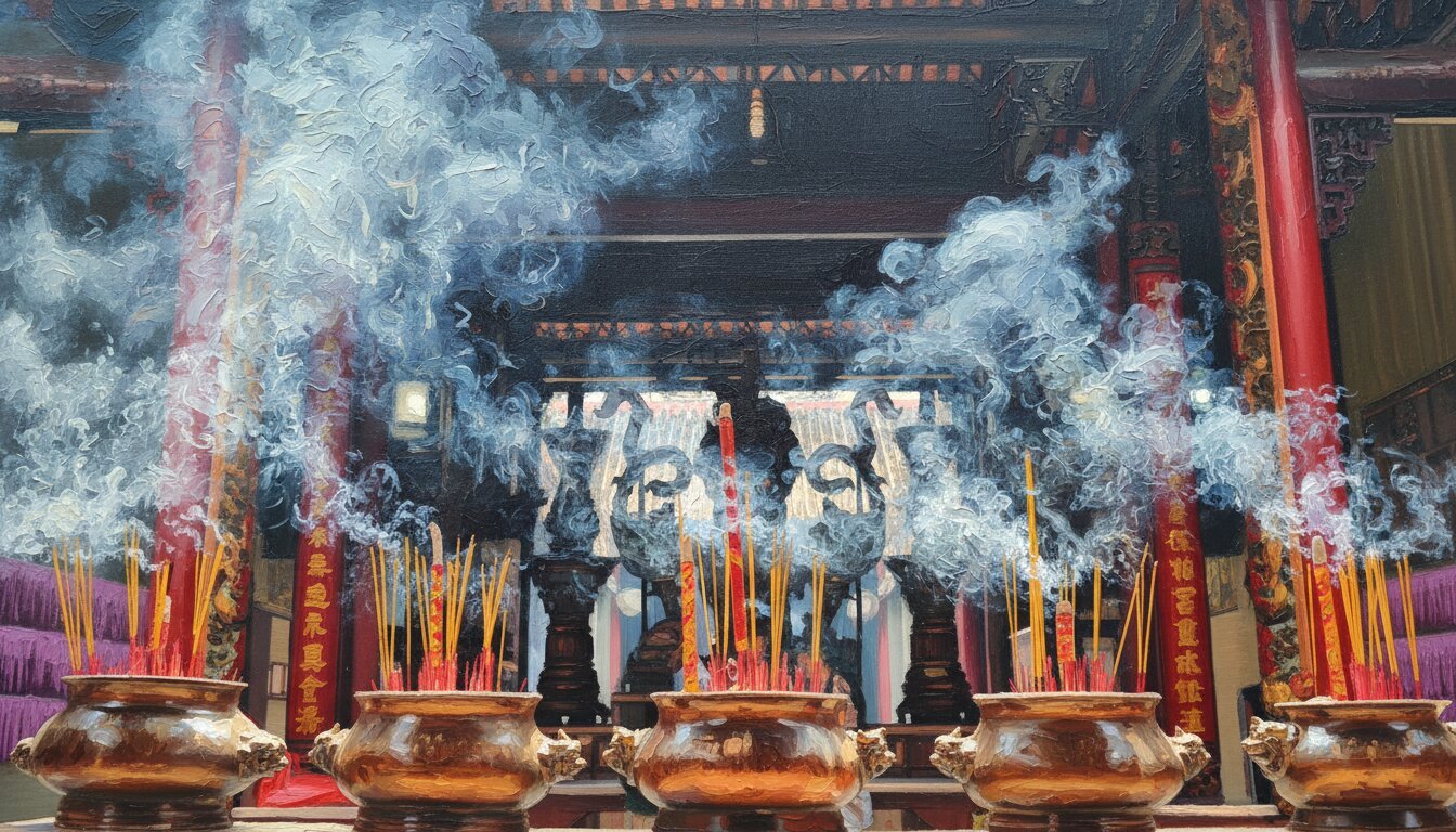 Handmade oil painting of mystical bronze incense burners with swirling smoke in Vietnamese temple