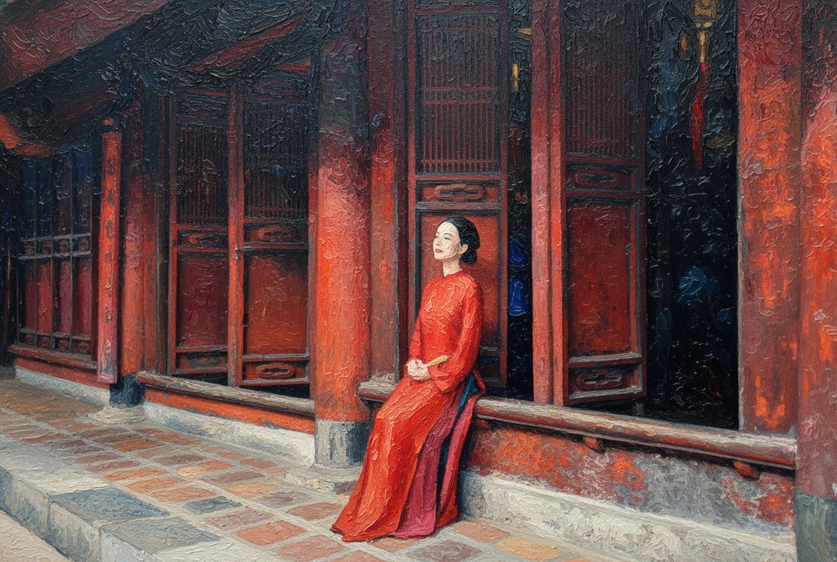Handmade oil painting of elegant woman in red Ao Dai seated at ancient Hanoi temple entrance
