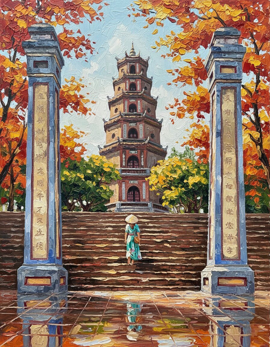 Handmade oil painting of woman in turquoise Ao Dai ascending stone steps to Thien Mu Pagoda Hue