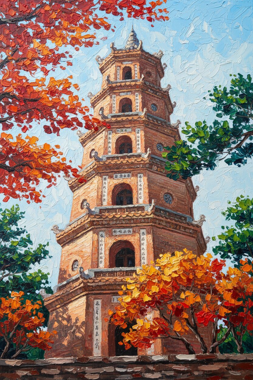 Handmade oil painting of Thien Mu Pagoda seven-story tower surrounded by autumn foliage in Hue