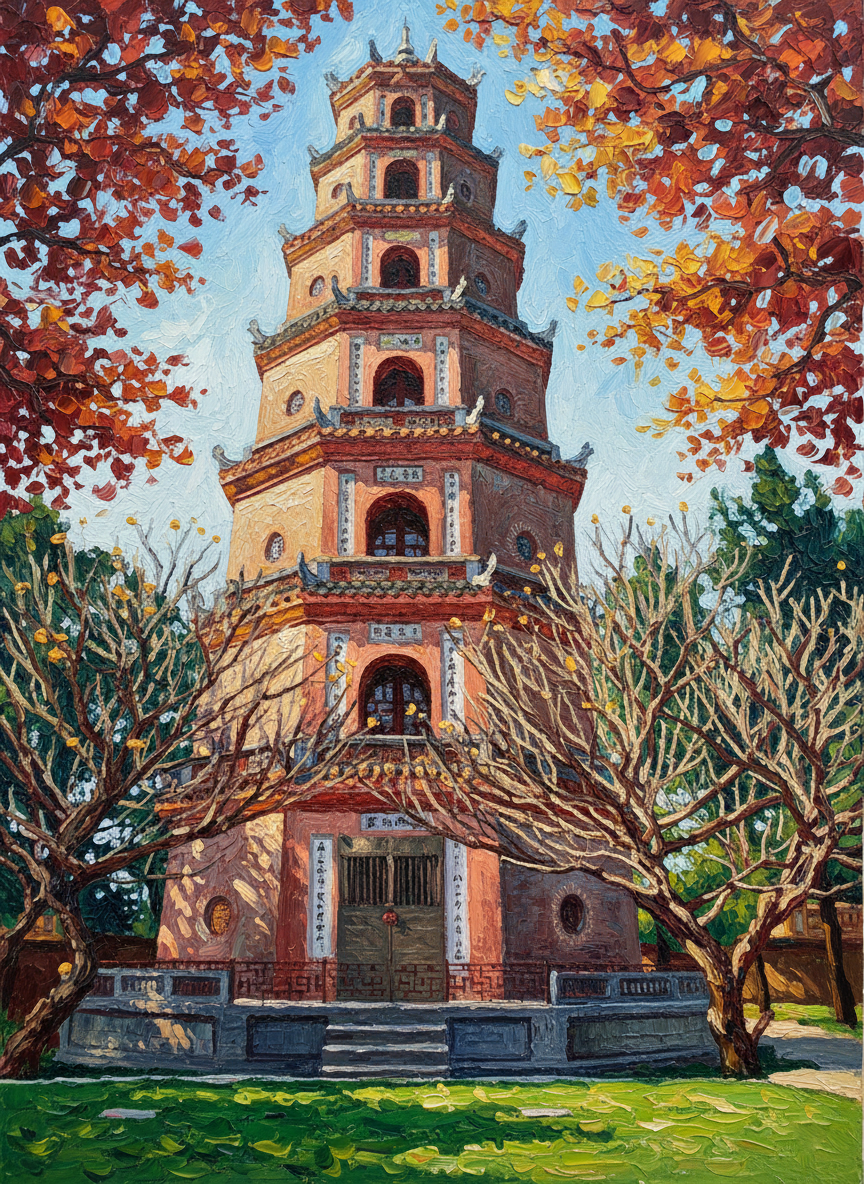 Thien Mu Pagoda painting brings iconic Vietnamese heritage to your space. Handmade by Artwork Vietnam with rich oils, perfect as meaningful decor or a unique gift.
