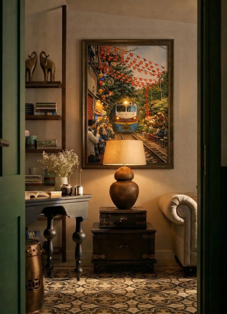 Detail close-up of Hanoi railway quarter painting showing cafe details and impasto brushwork