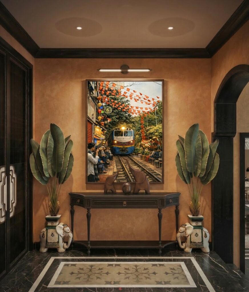 Detail close-up of Hanoi Old Quarter gate painting showing autumn foliage and impasto brushwork