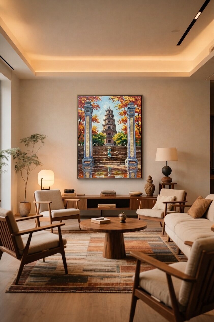 Detail close-up of Thien Mu Pagoda painting showing autumn foliage and weathered stone impasto texture