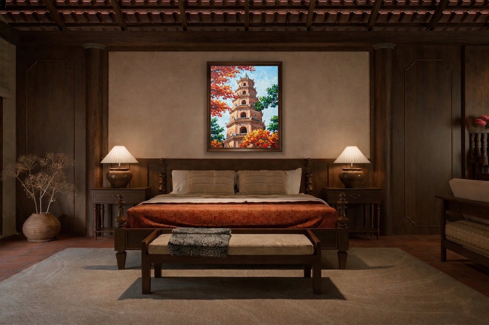 Thien Mu Pagoda autumn oil painting displayed as wall decor in modern room setting