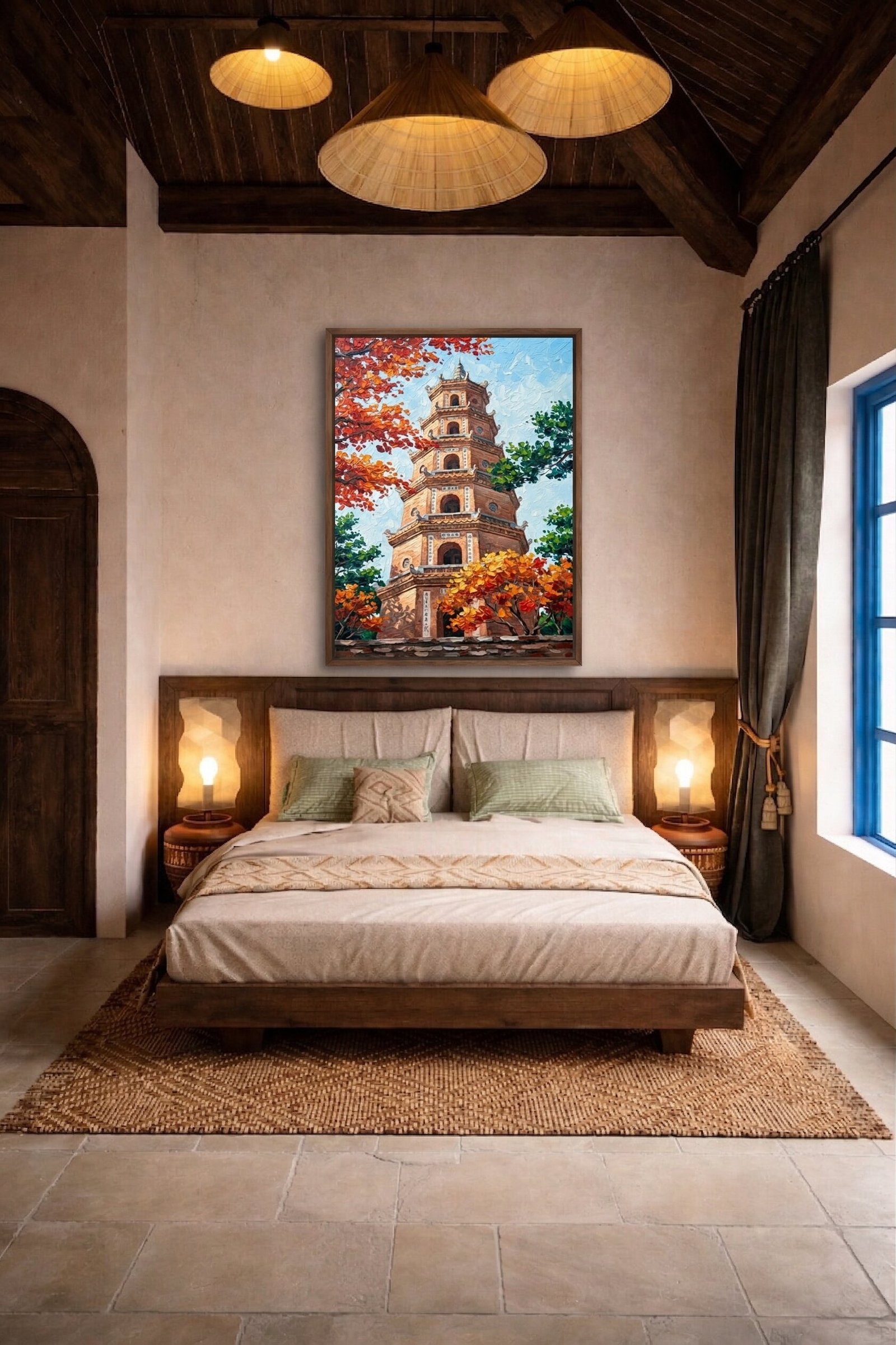 Detail close-up of Thien Mu Pagoda autumn painting showing brick texture and fiery leaf impasto