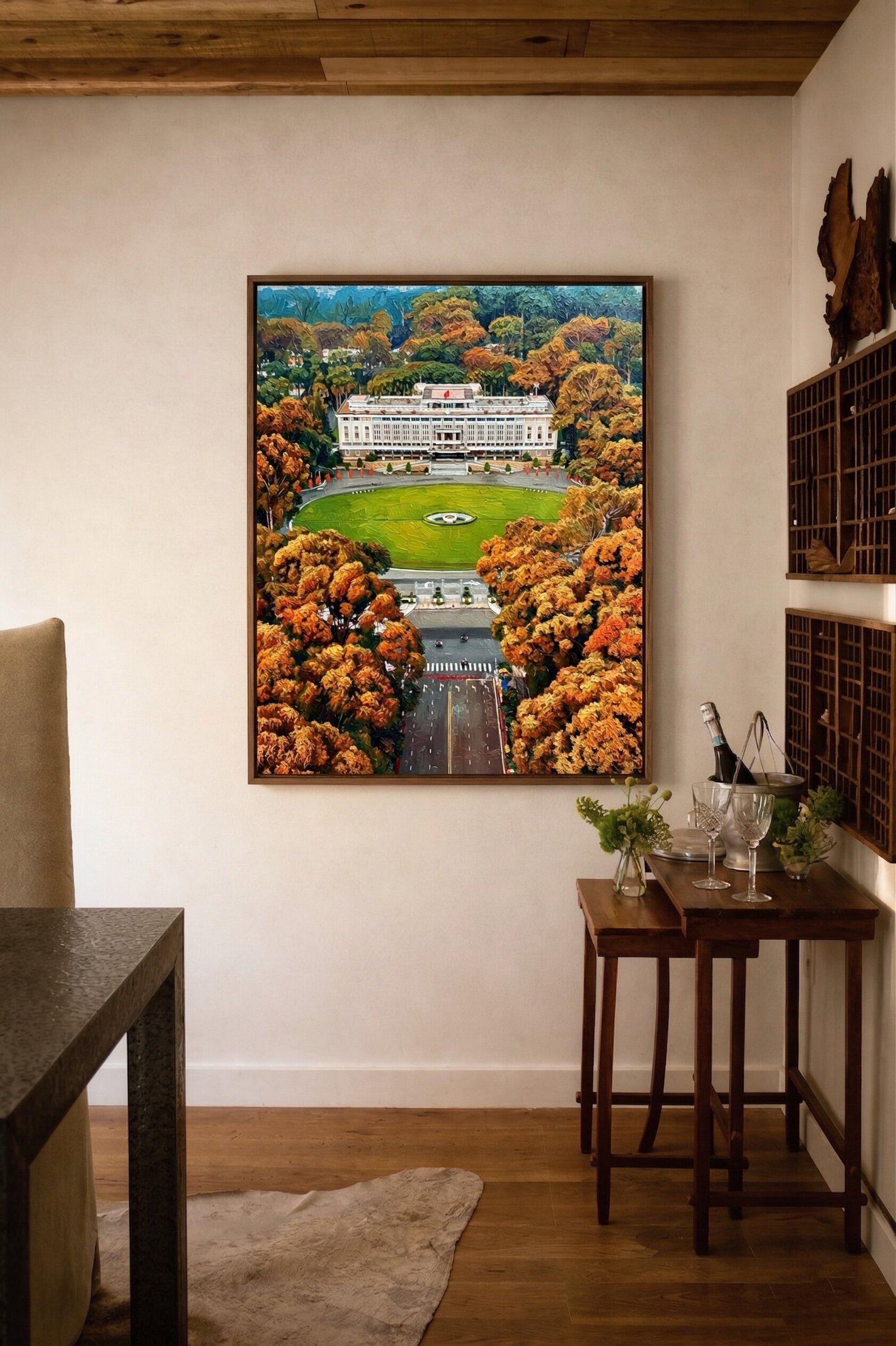 Independence Palace fountain oil painting displayed as wall decor in modern room setting