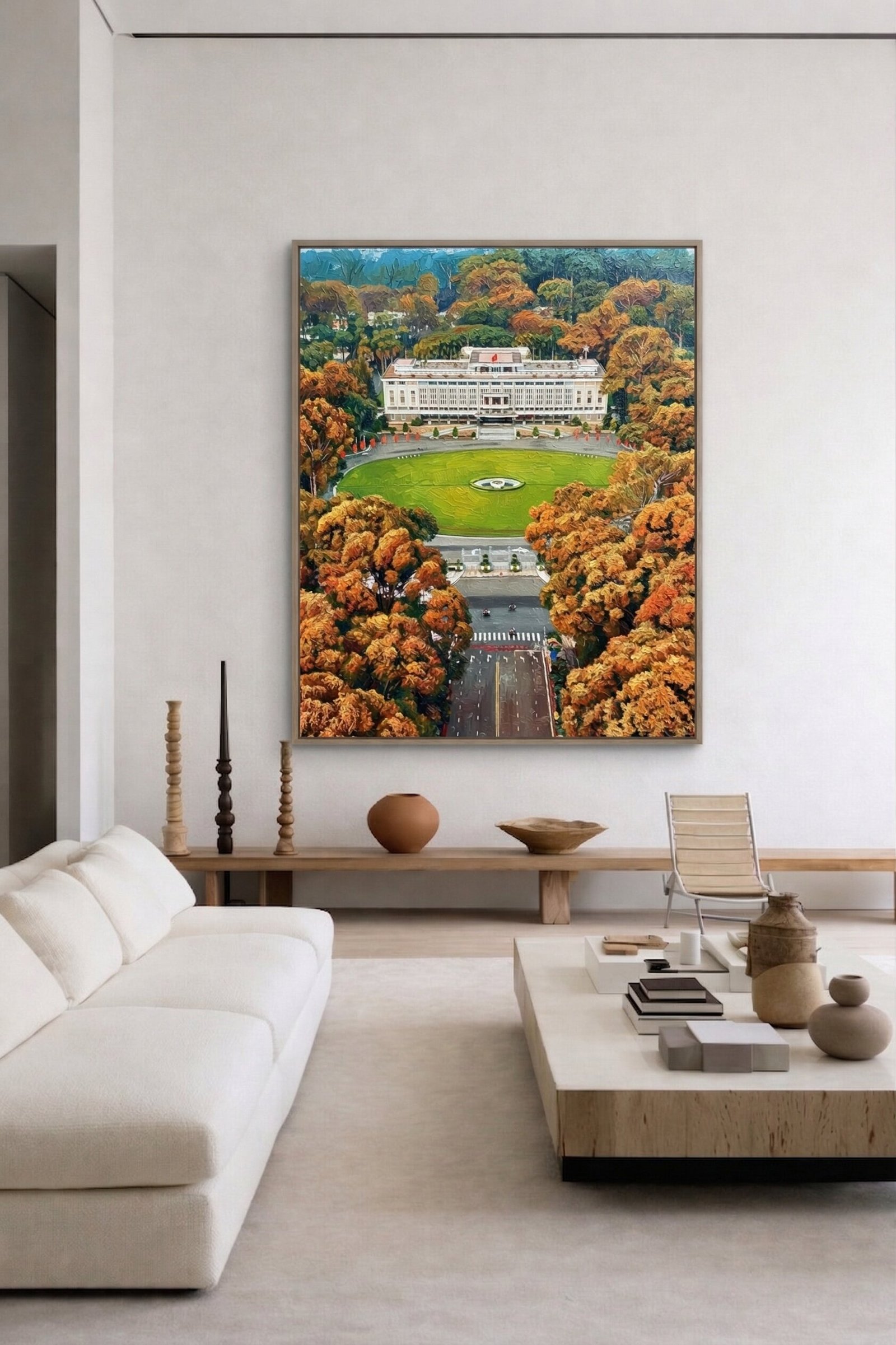 Detail close-up of Independence Palace fountain painting showing water spray and impasto brushwork