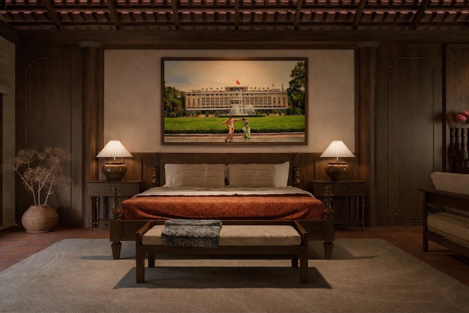 Independence Palace romantic dance oil painting displayed as wall decor in modern room setting