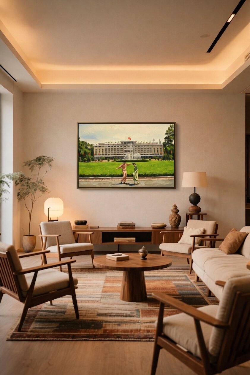 Detail close-up of Independence Palace dance painting showing flowing dress and impasto brushwork