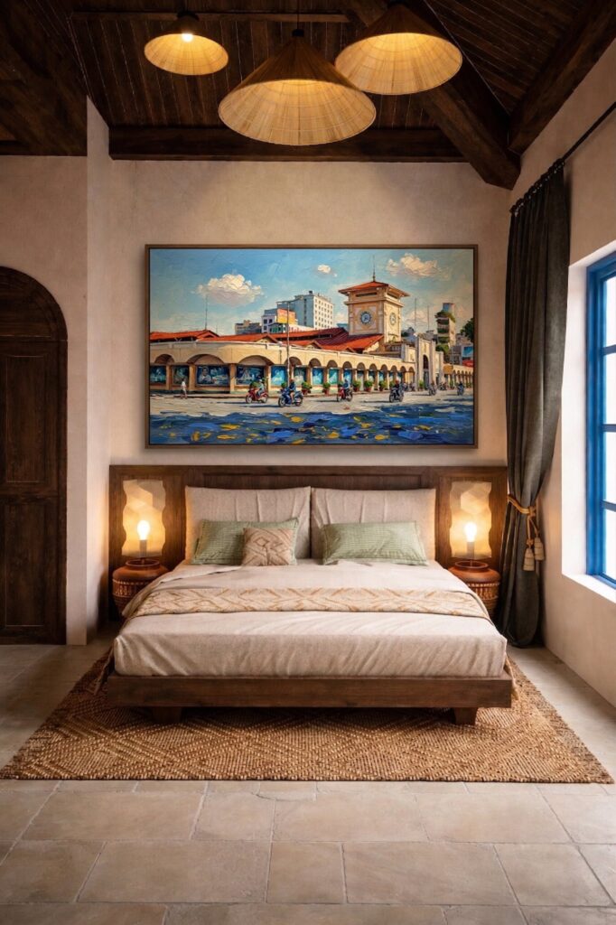 Ben Thanh Market sunny day oil painting displayed as wall decor in modern room setting