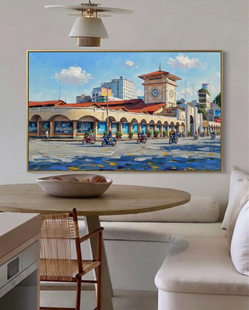 Detail close-up of Ben Thanh Market sunny painting showing street shadows and impasto brushwork