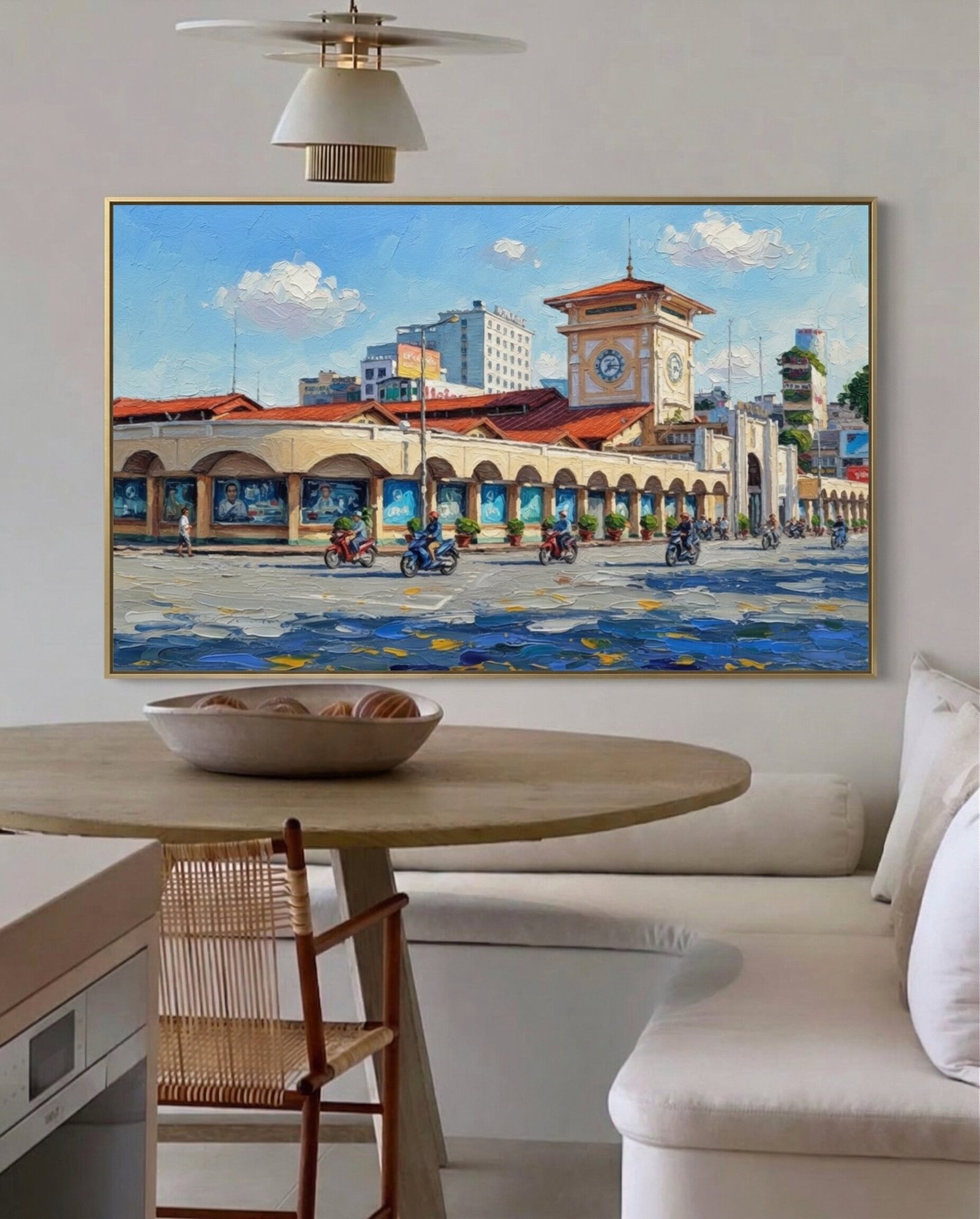 Detail close-up of Ben Thanh Market sunny painting showing street shadows and impasto brushwork