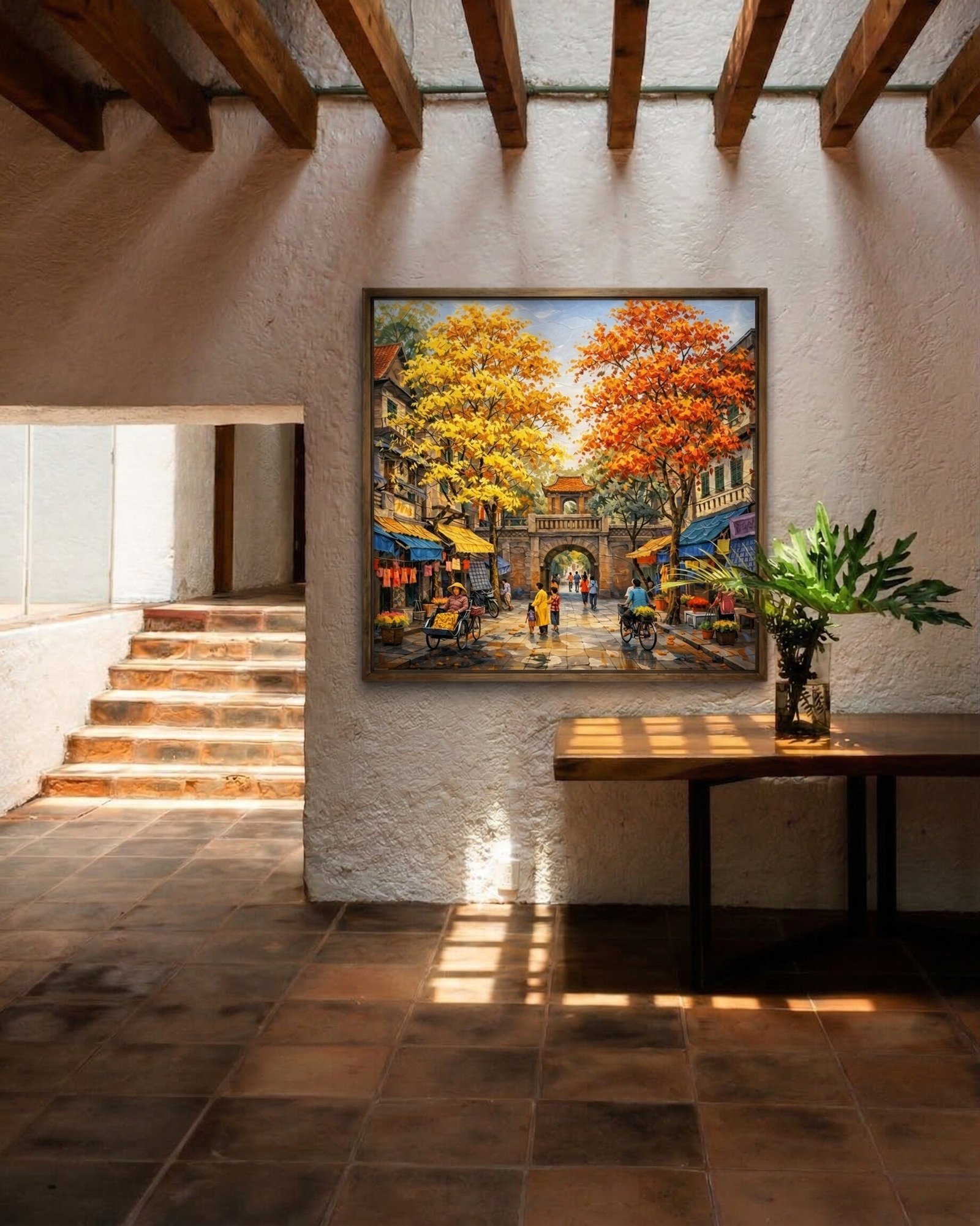 Hanoi Old Quarter gate autumn oil painting displayed as wall decor in modern room setting