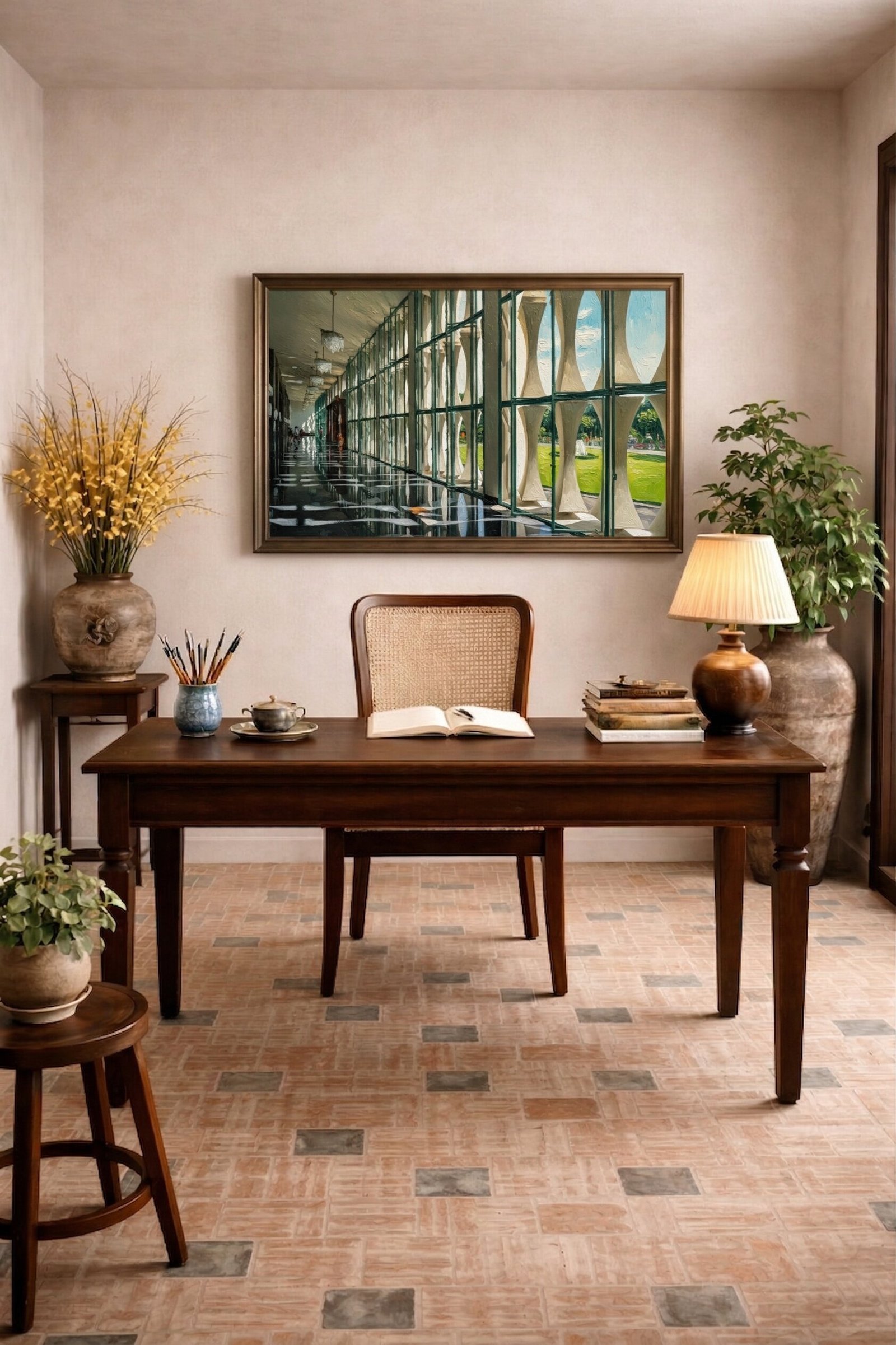 Detail close-up of Independence Palace interior painting showing marble reflections and impasto texture