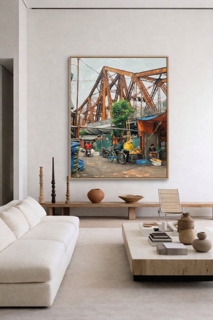 Detail close-up of Long Bien Bridge painting showing rusty steel texture and impasto brushwork