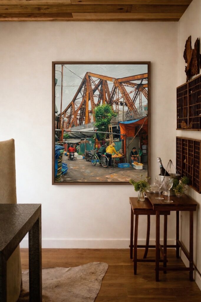 Long Bien Bridge atmospheric oil painting displayed as wall decor in modern room setting