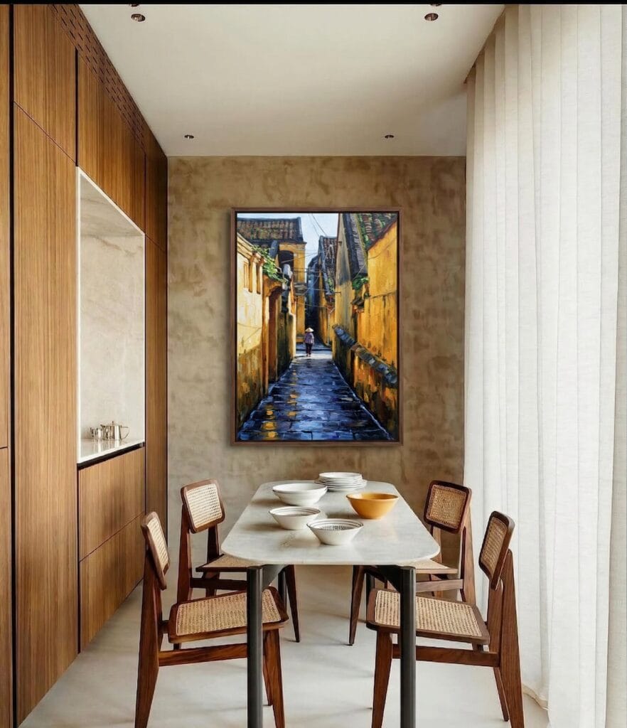 Hoi An yellow alleyway oil painting displayed as wall decor in modern room setting