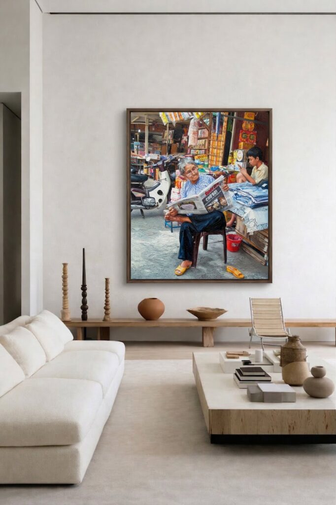 Ben Thanh Market local life oil painting displayed as wall decor in modern room setting