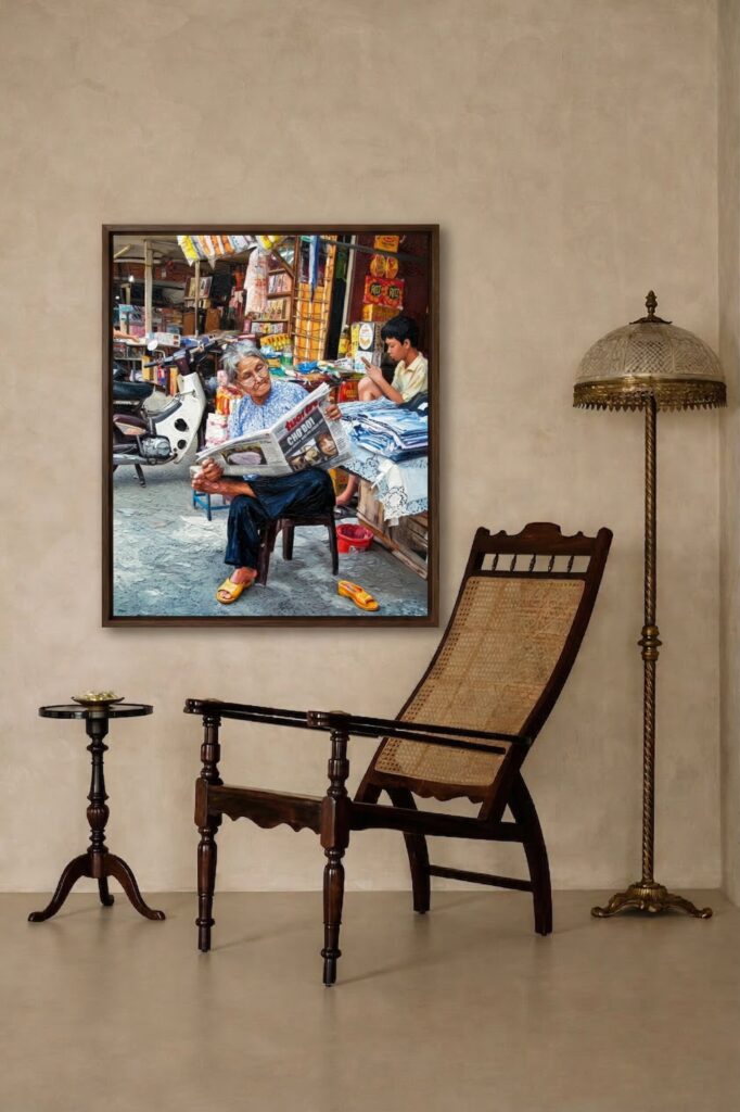 Detail close-up of Ben Thanh Market local life painting showing newspaper folds and impasto texture