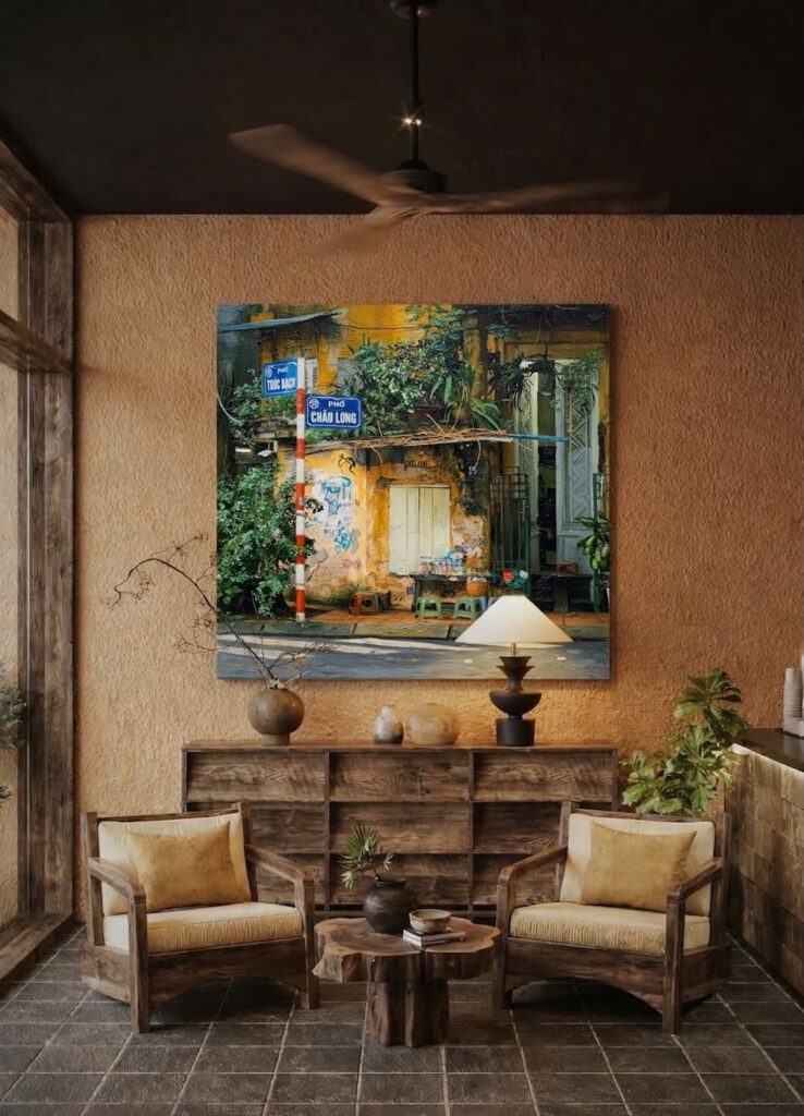 Detail close-up of Hanoi street corner painting showing weathered plaster and impasto brushwork