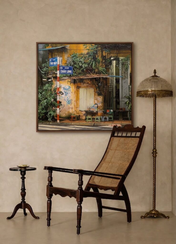 Hanoi street corner tea stall oil painting displayed as wall decor in modern room setting