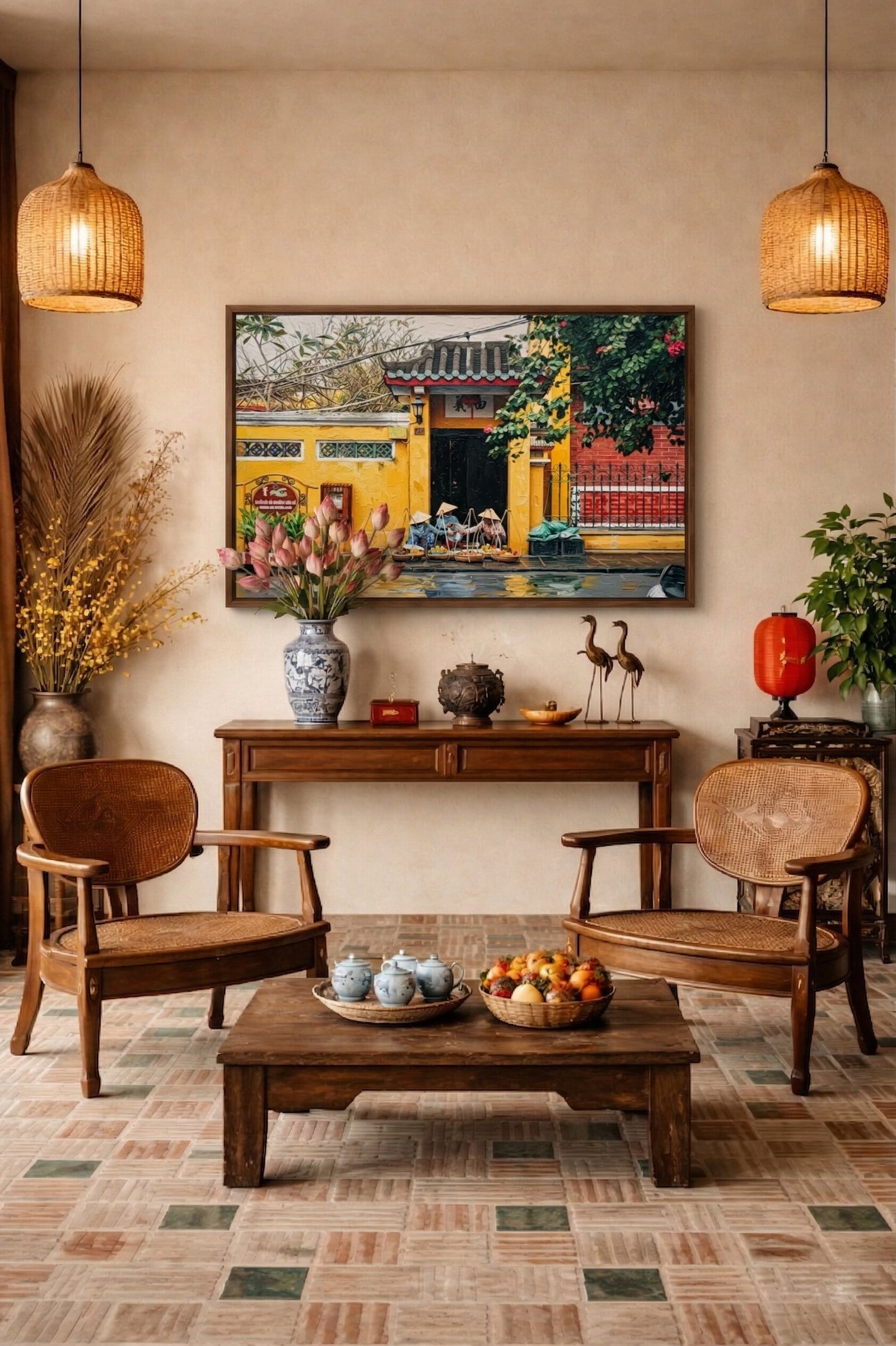 Hoi An heritage gateway oil painting displayed as wall decor in modern room setting