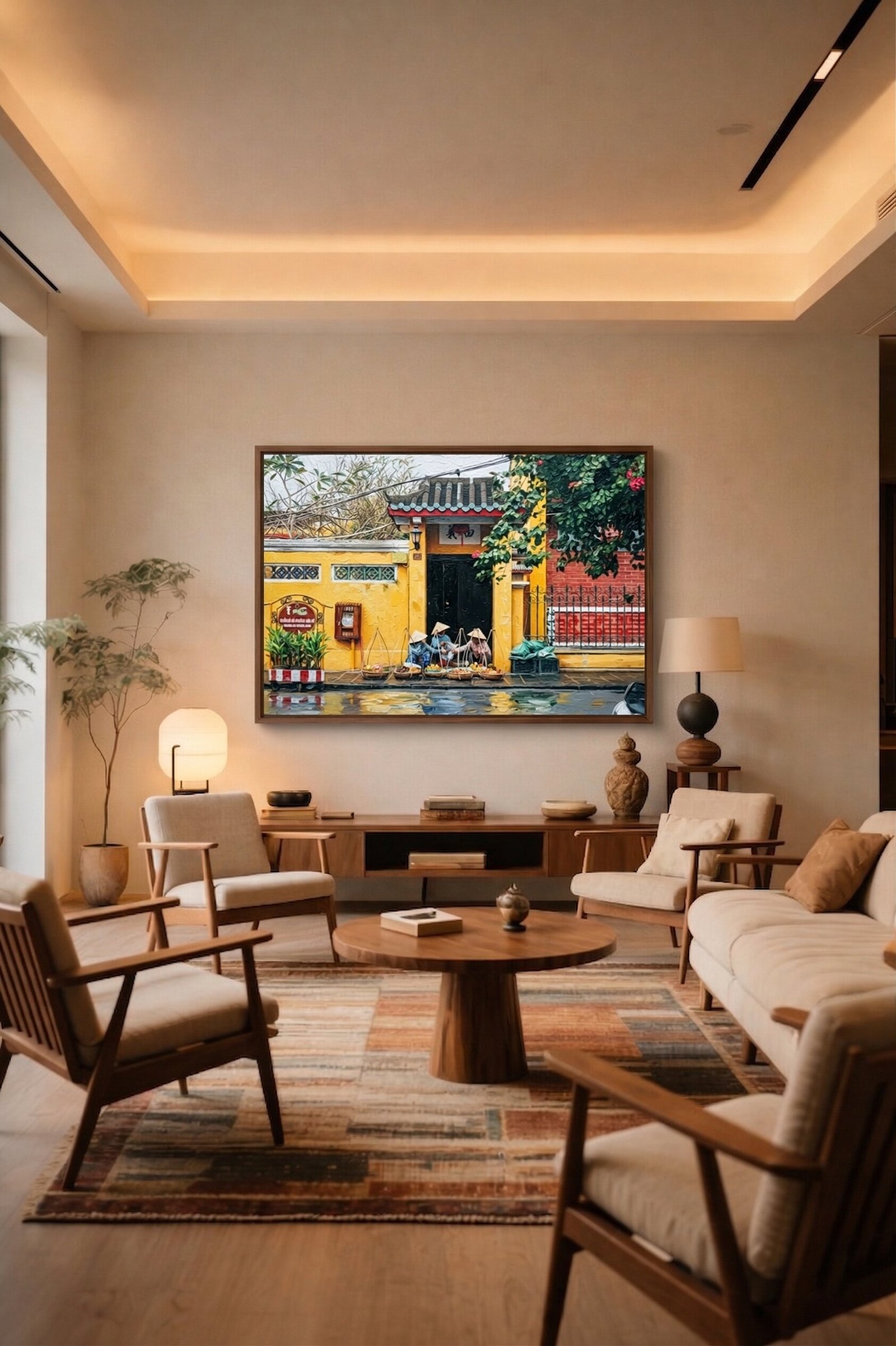 Detail close-up of Hoi An heritage gateway painting showing impasto texture and architectural details