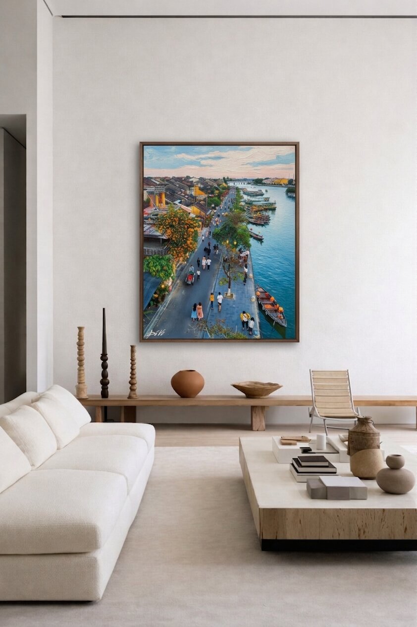 Hoi An riverside promenade oil painting displayed as wall decor in modern room setting