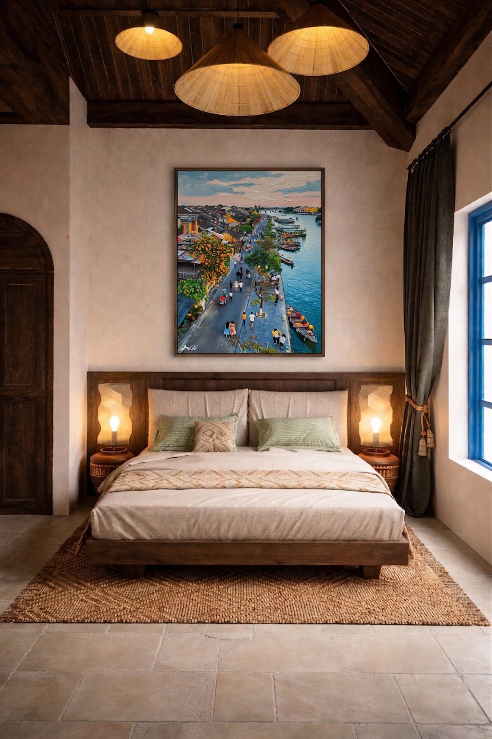 Detail close-up of Hoi An riverside promenade painting showing water reflections and impasto brushwork