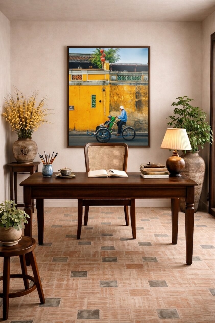Hoi An cyclo ride oil painting displayed as wall decor in modern living room setting