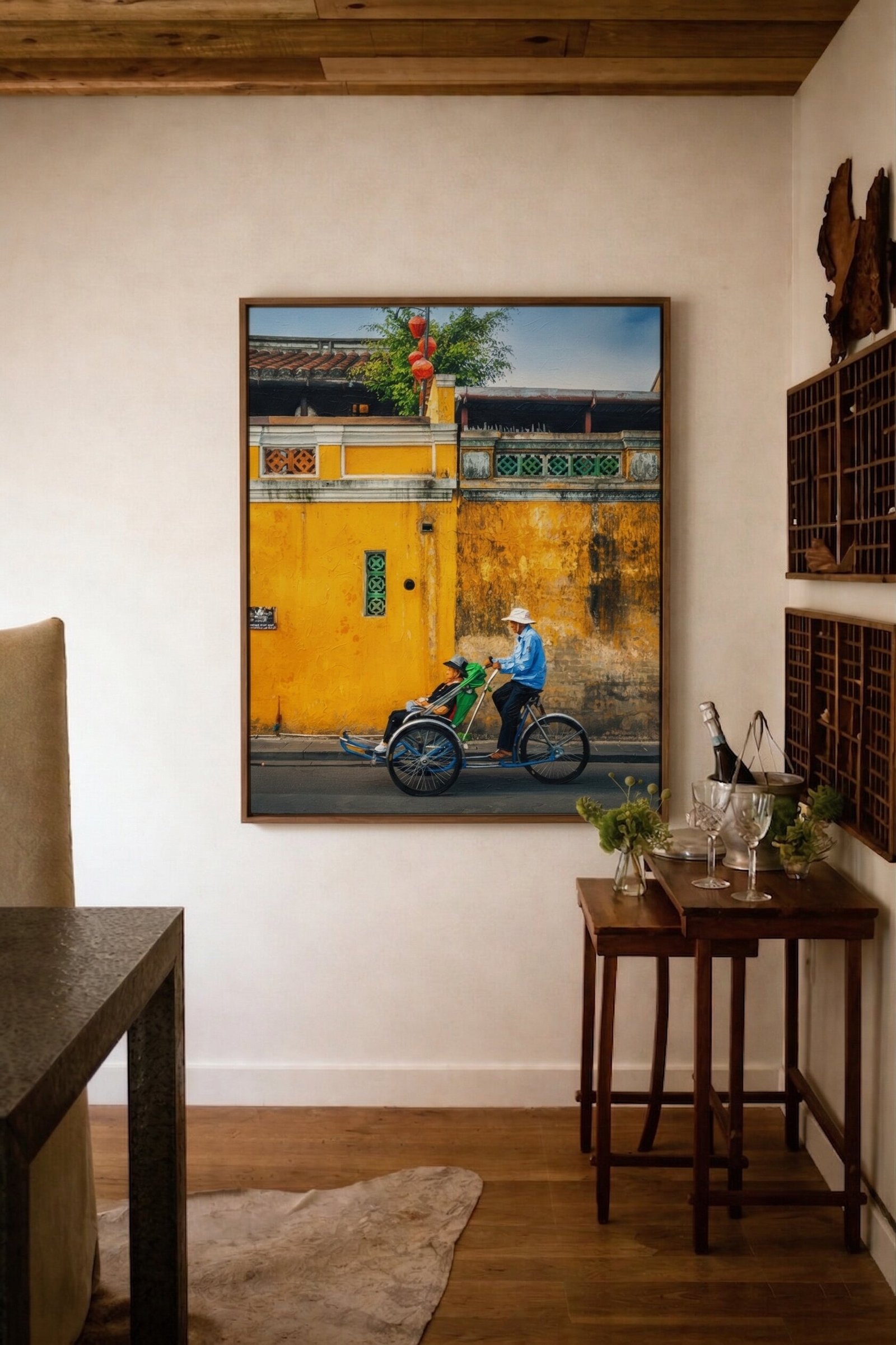 Detail close-up of Hoi An cyclo ride painting showing impasto texture and street scene details