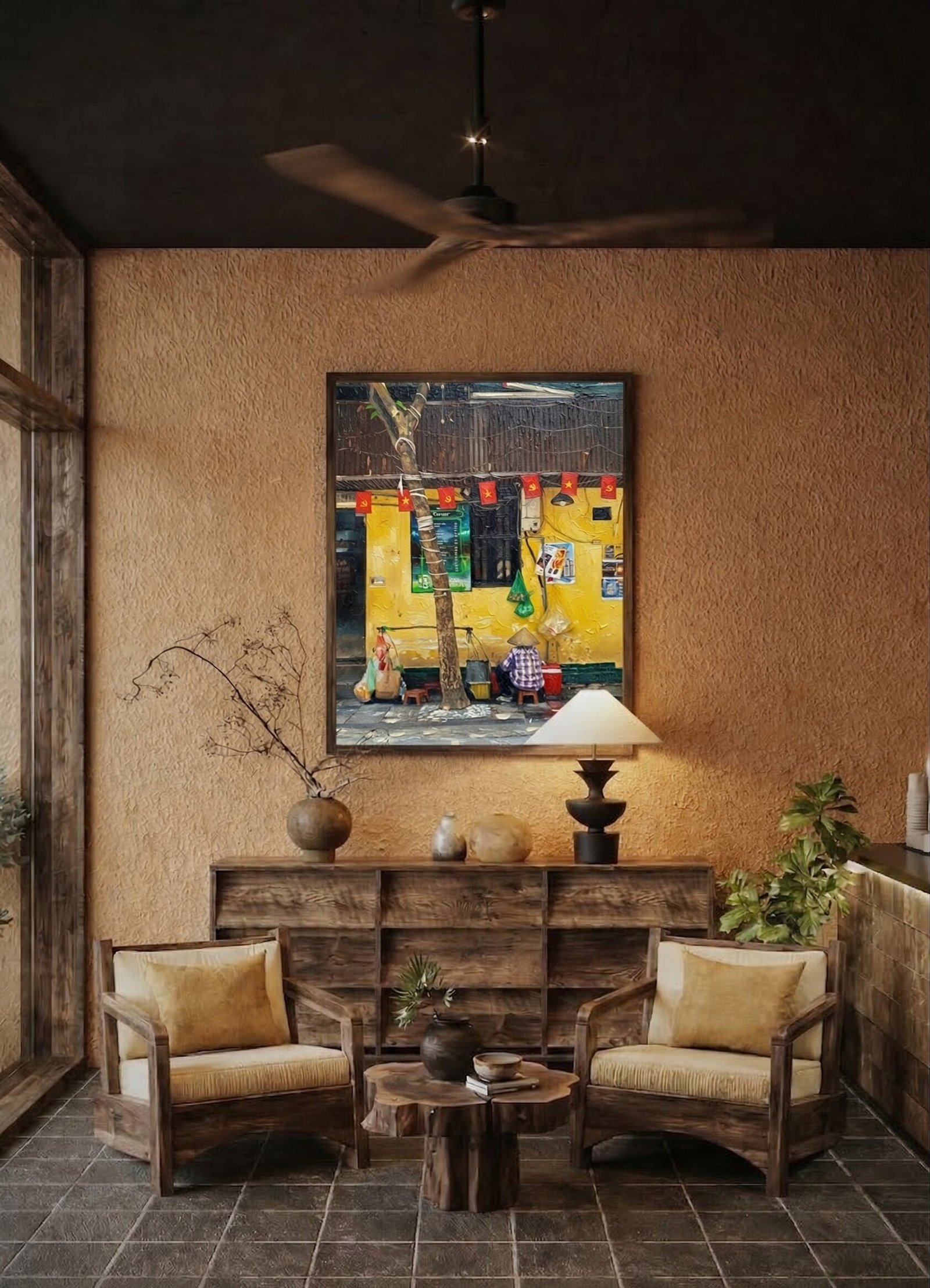 Hanoi Old Quarter railway oil painting displayed as wall decor in modern room setting