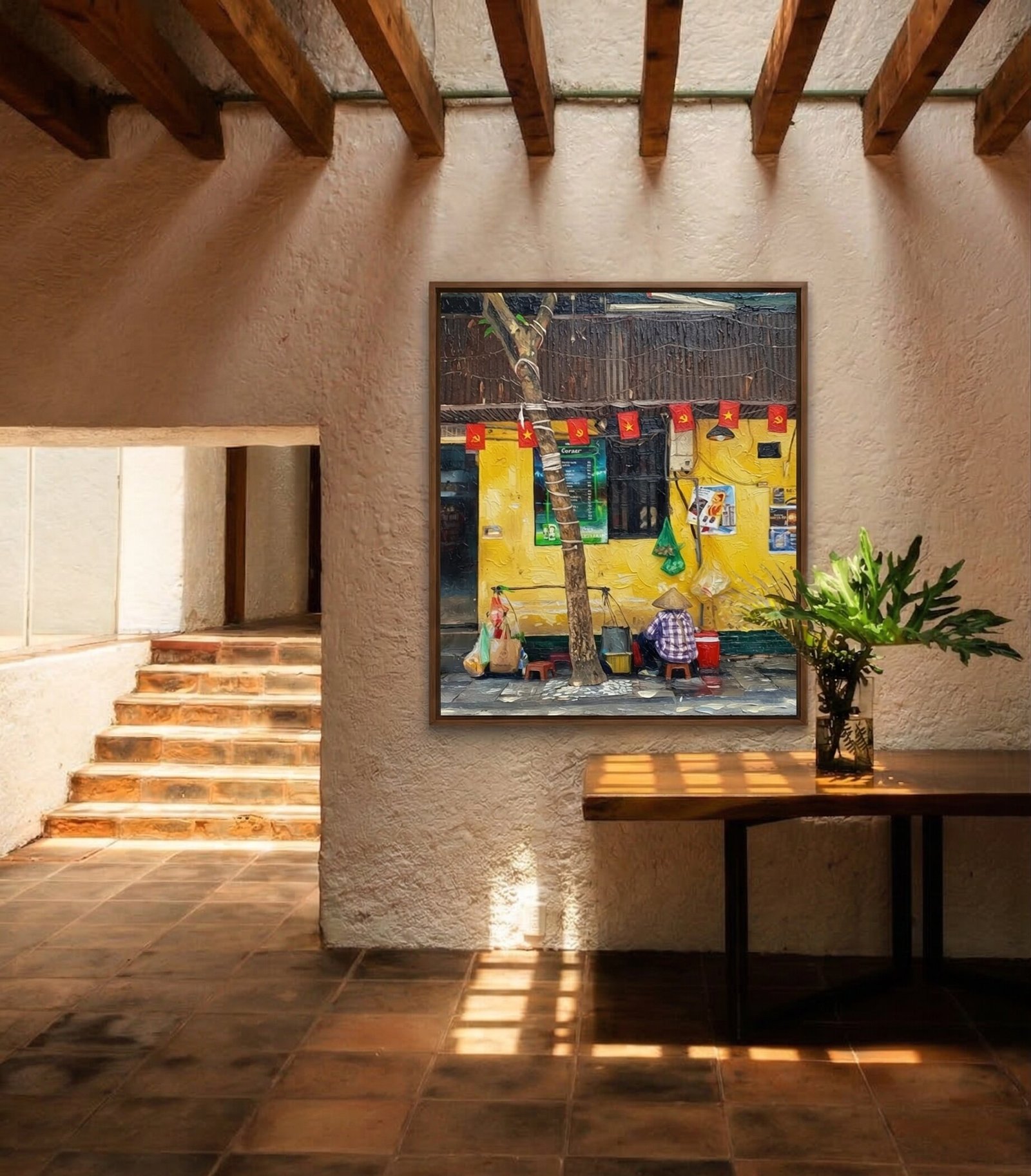 Detail close-up of Hanoi street life painting showing weathered wall texture and impasto brushwork