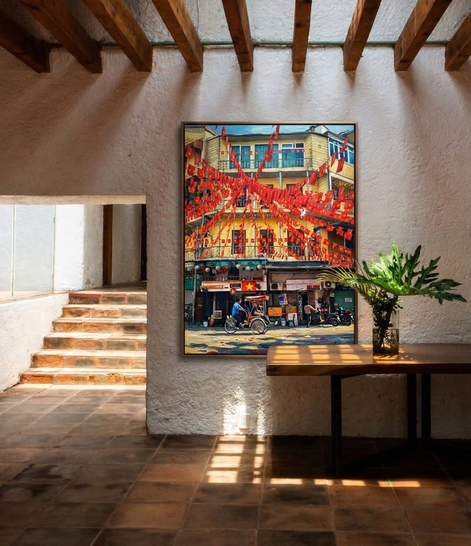 Detail close-up of Hanoi festive flags painting showing red banner texture and impasto brushwork