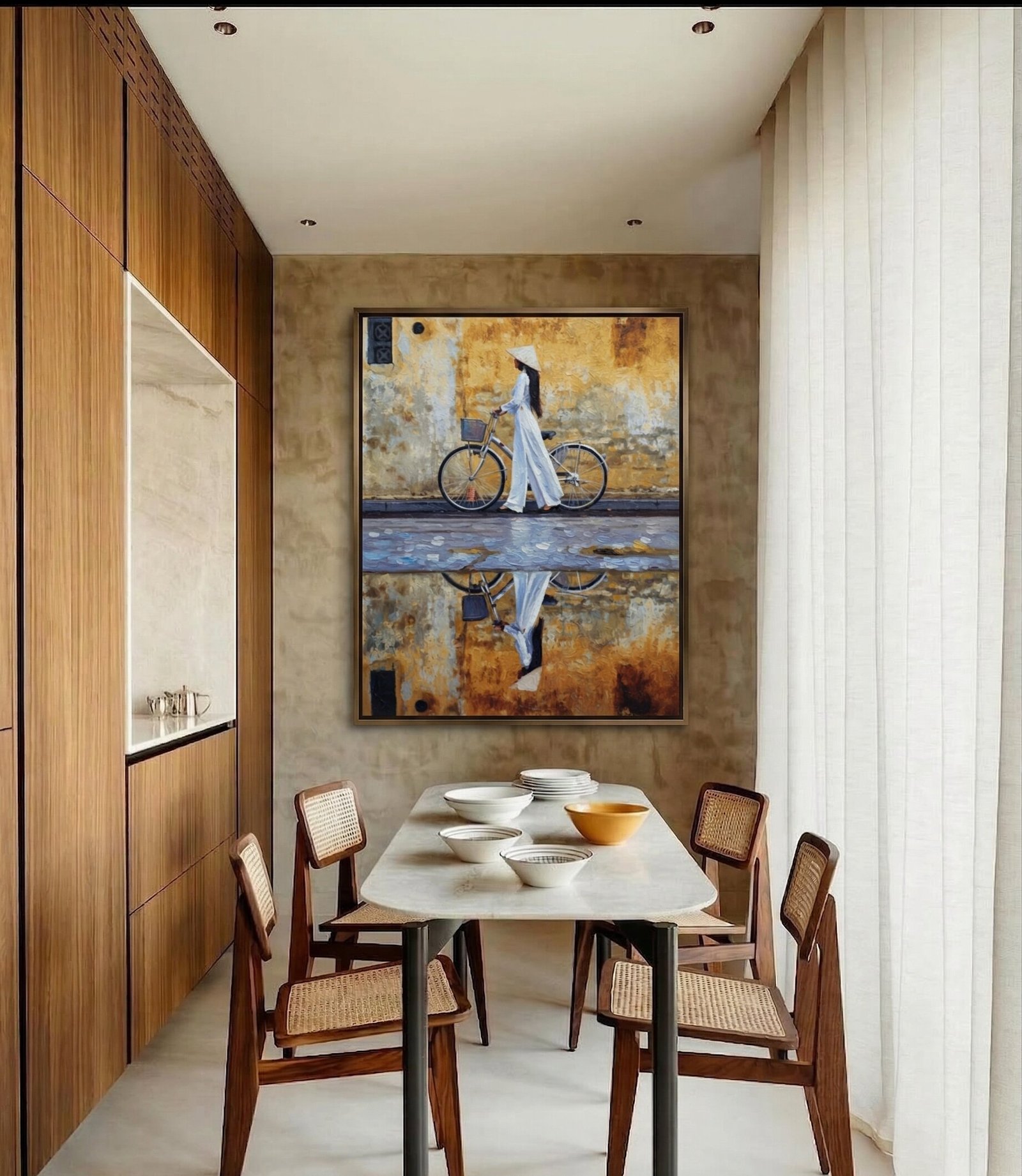 Hoi An Ao Dai reflection oil painting displayed as wall decor in modern room setting