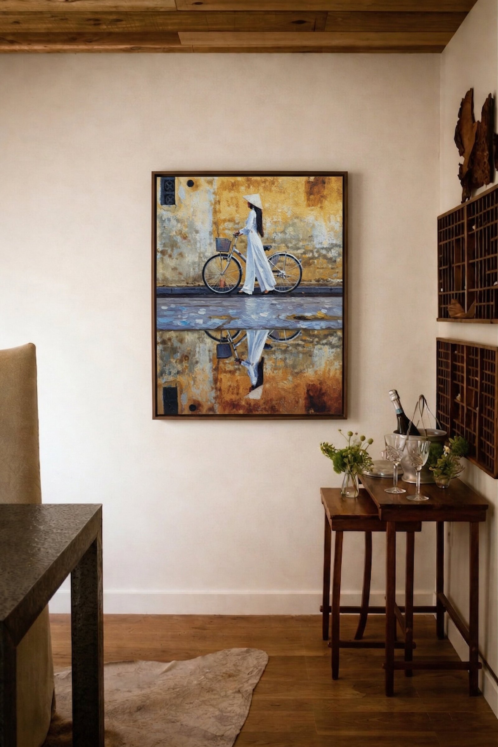 Detail close-up of Hoi An Ao Dai reflection painting showing water reflection brushwork technique