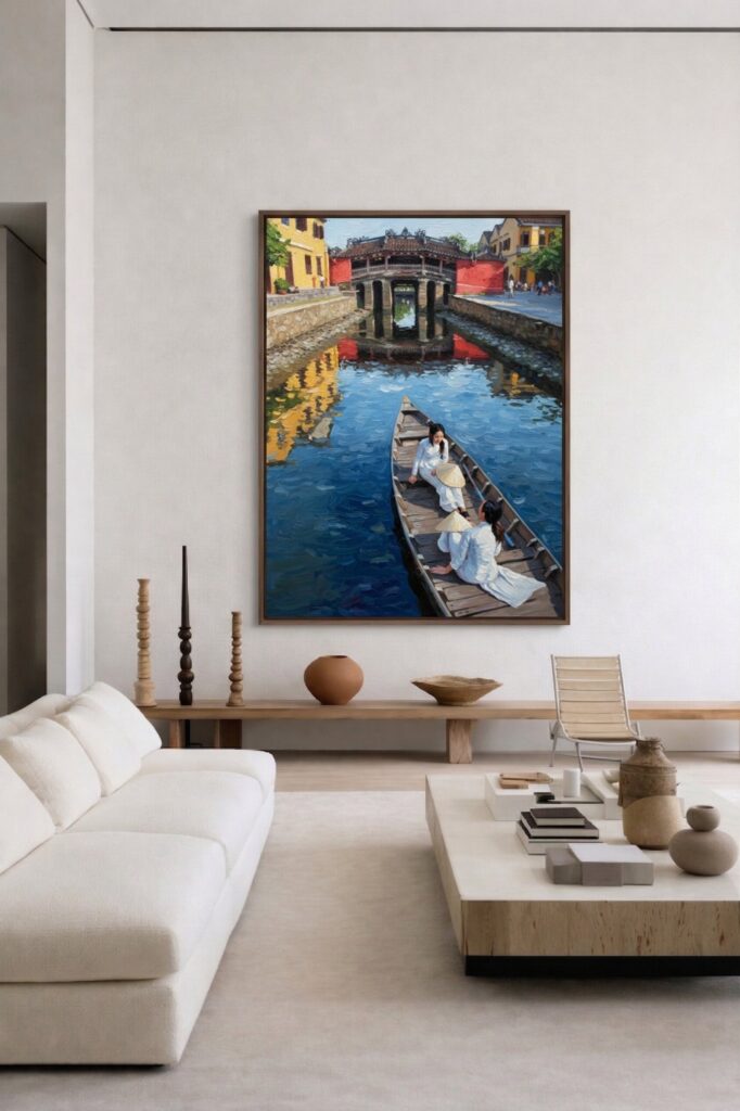 Hoi An covered bridge oil painting displayed as wall decor in modern living room setting