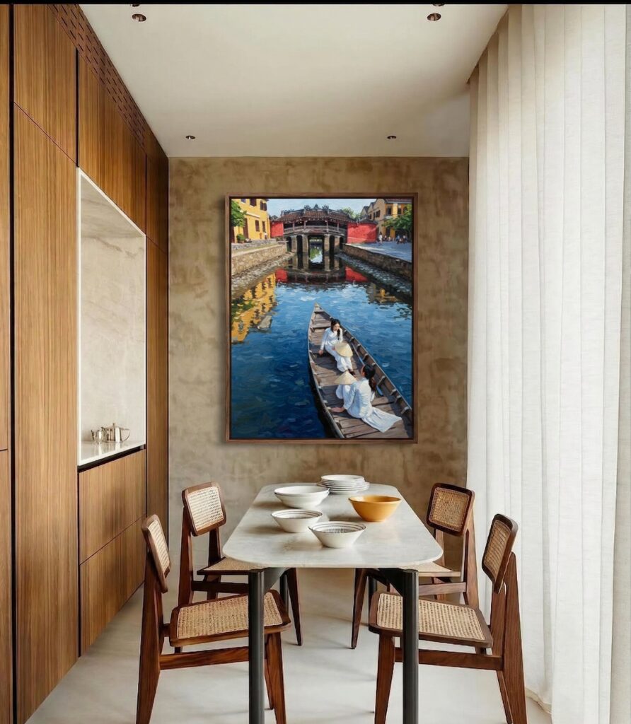 Detail close-up of Hoi An covered bridge painting showing impasto texture and architectural details