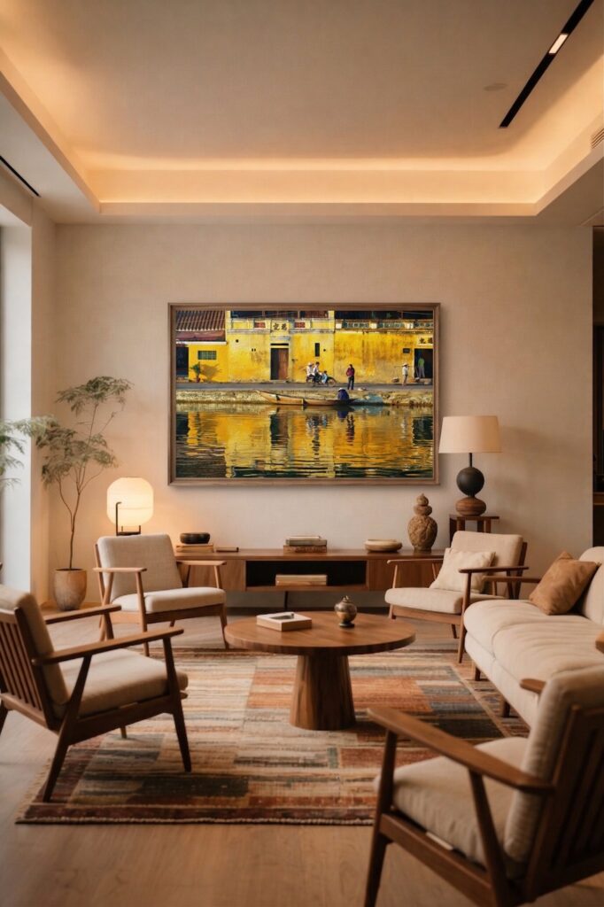 Hoi An golden river reflection oil painting displayed as wall decor in modern room setting