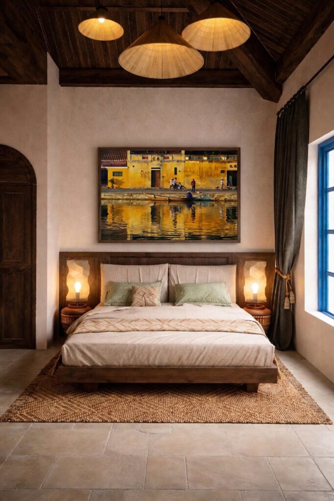 Detail close-up of Hoi An river reflection painting showing water shimmer and impasto brushwork