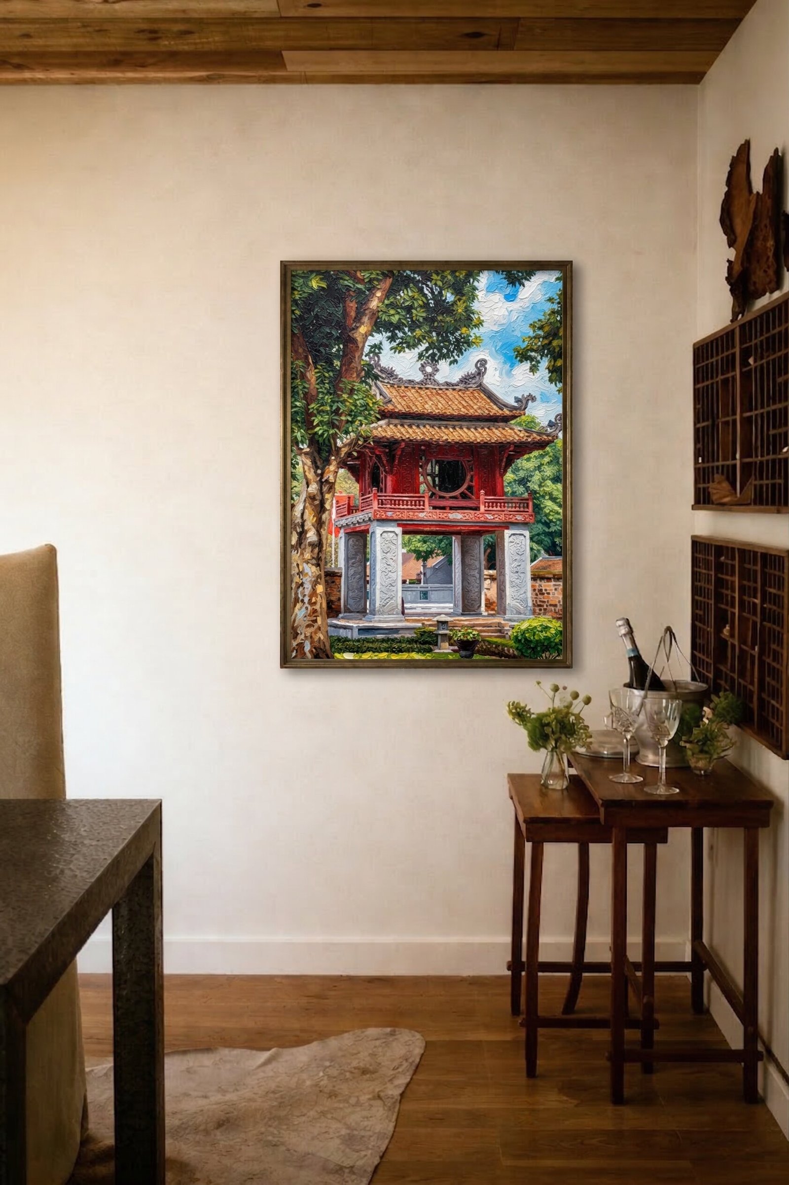 Temple of Literature Hanoi oil painting displayed as wall decor in modern room setting