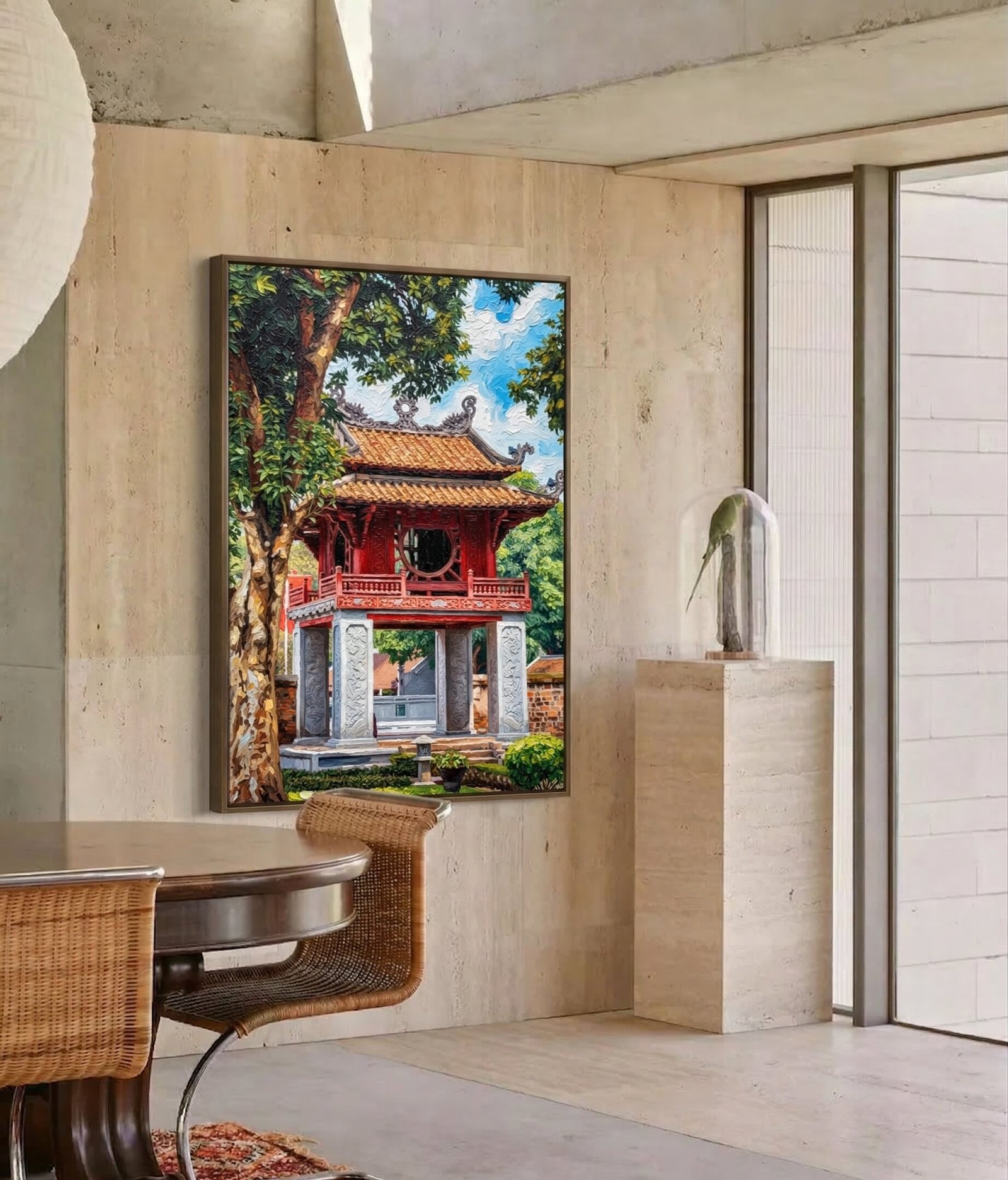Detail close-up of Temple of Literature painting showing red pavilion woodwork and impasto texture
