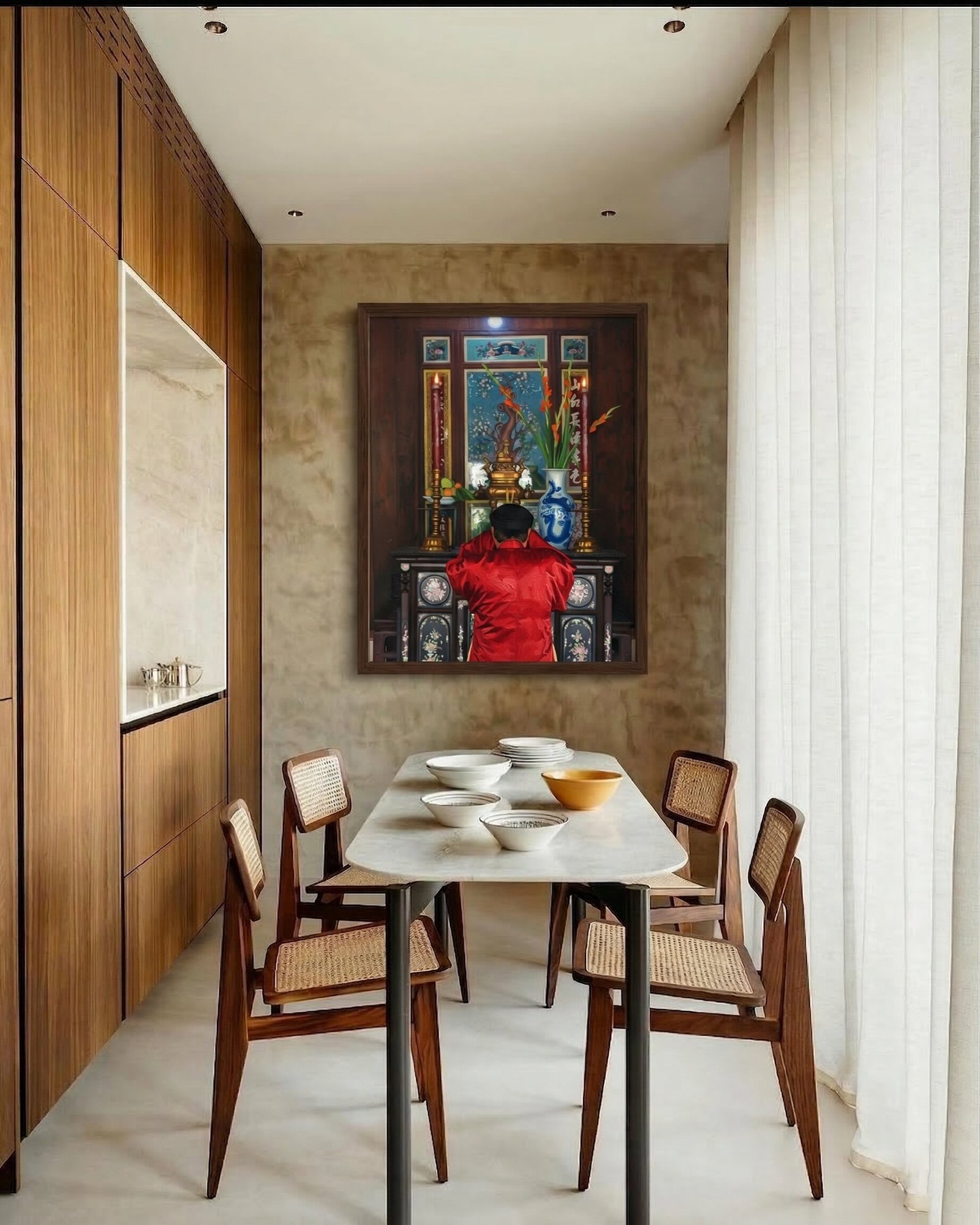 Vietnam ancestral altar oil painting displayed as wall decor in modern room setting