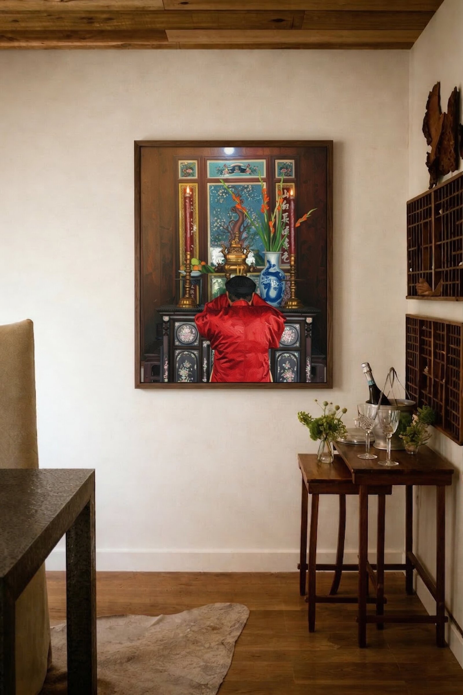 Detail close-up of Vietnam ancestral altar painting showing candlelight glow and impasto texture