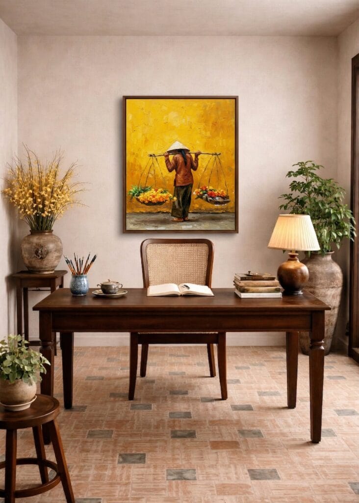 Hoi An street vendor oil painting displayed as wall decor in modern living room setting