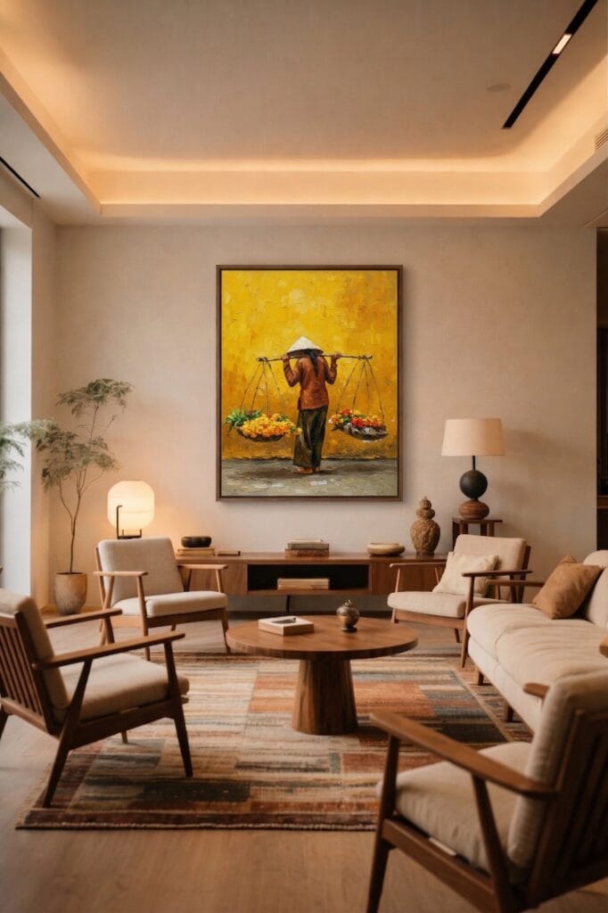 Detail close-up of Hoi An street vendor painting showing impasto texture and colorful market details