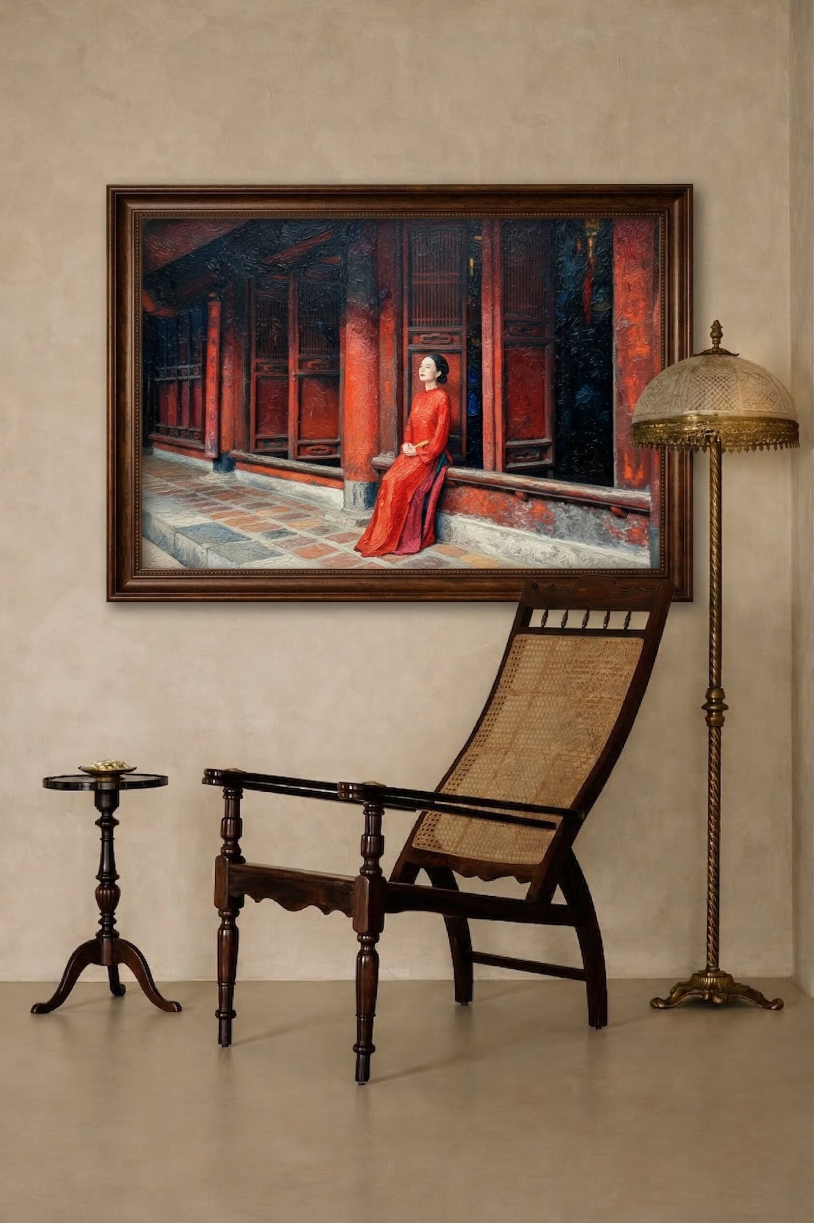 Red Ao Dai Hanoi oil painting displayed as wall decor in modern room setting