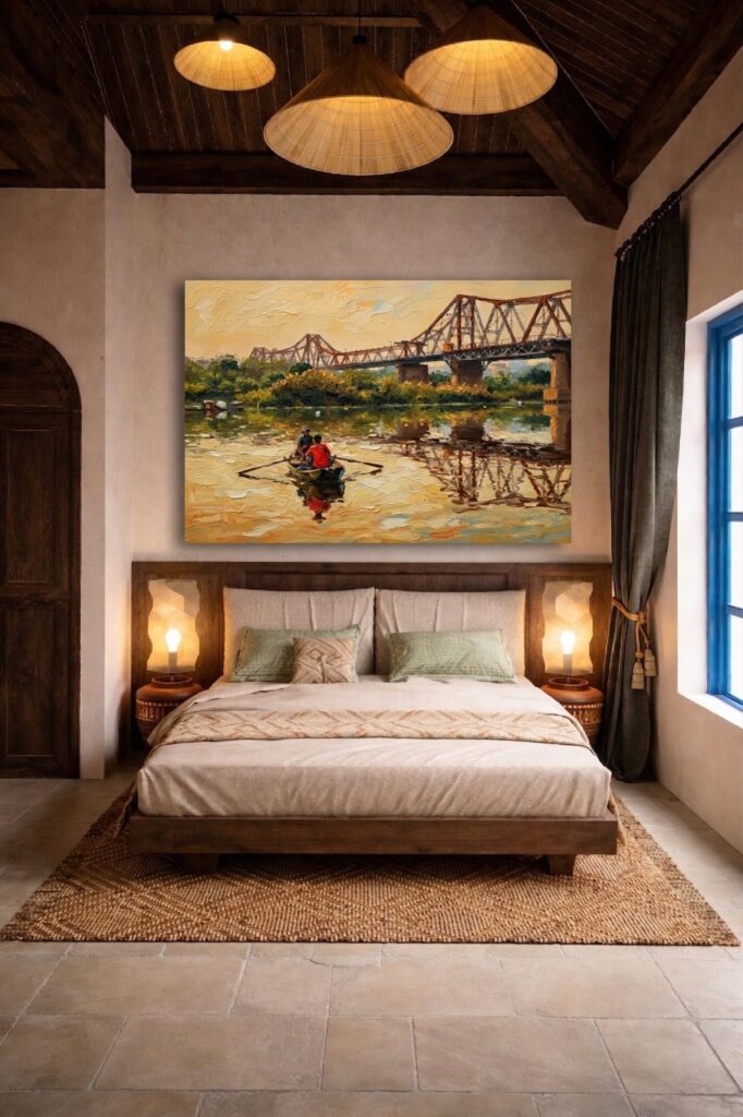 Detail close-up of Long Bien Bridge rowboat painting showing water reflections and impasto texture